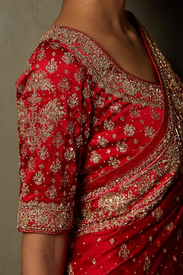Red Silk Satin Embroidered Bridal Saree Set by Ri Ritu Kumar at Pernia's Pop Up Shop