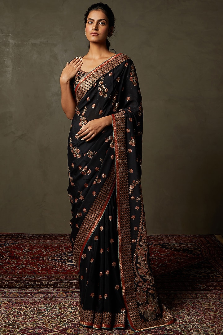 Black & Multi-Colored Silk Chinon Embroidered Reception Saree Set by Ri Ritu Kumar at Pernia's Pop Up Shop