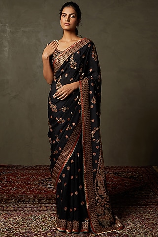 Black & Multi-Colored Silk Chinon Embroidered Saree Set by Ri Ritu Kumar