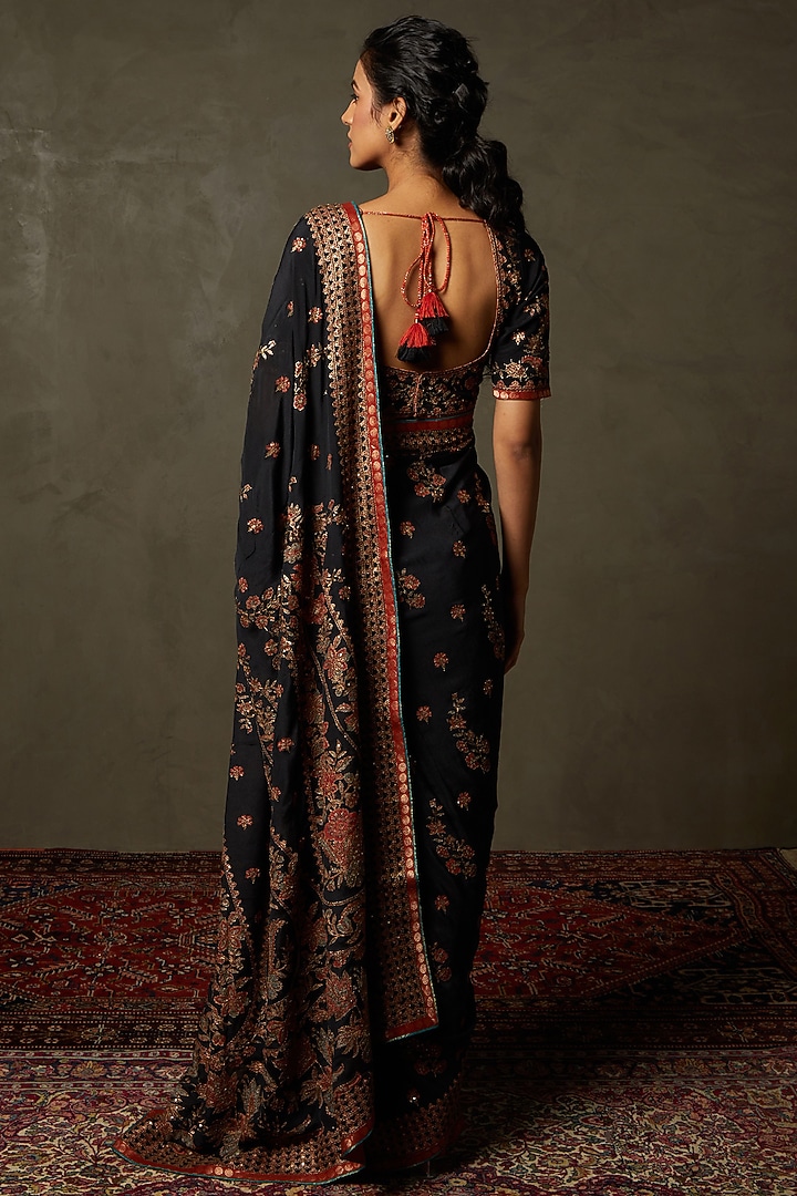 Black & Multi-Colored Silk Chinon Embroidered Reception Saree Set by Ri Ritu Kumar at Pernia's Pop Up Shop