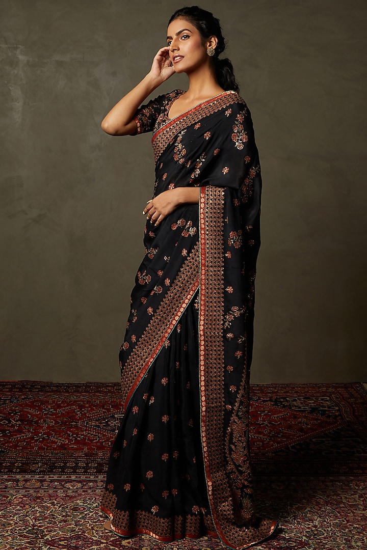 Black & Multi-Colored Silk Chinon Embroidered Reception Saree Set by Ri Ritu Kumar at Pernia's Pop Up Shop