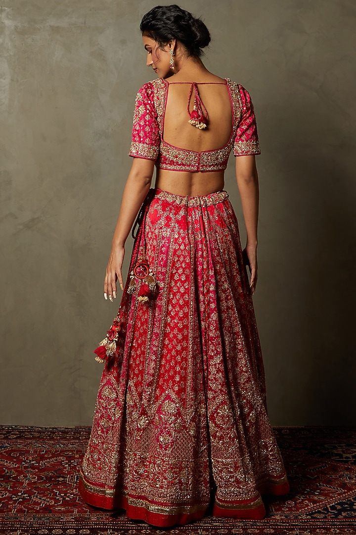 Fuchsia & Red Silk Satin Embroidered Bridal Lehenga Set by Ri Ritu Kumar at Pernia's Pop Up Shop