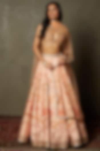 Peach Poly Dupion Embroidered Wedding Lehenga Set by Ri Ritu Kumar at Pernia's Pop Up Shop