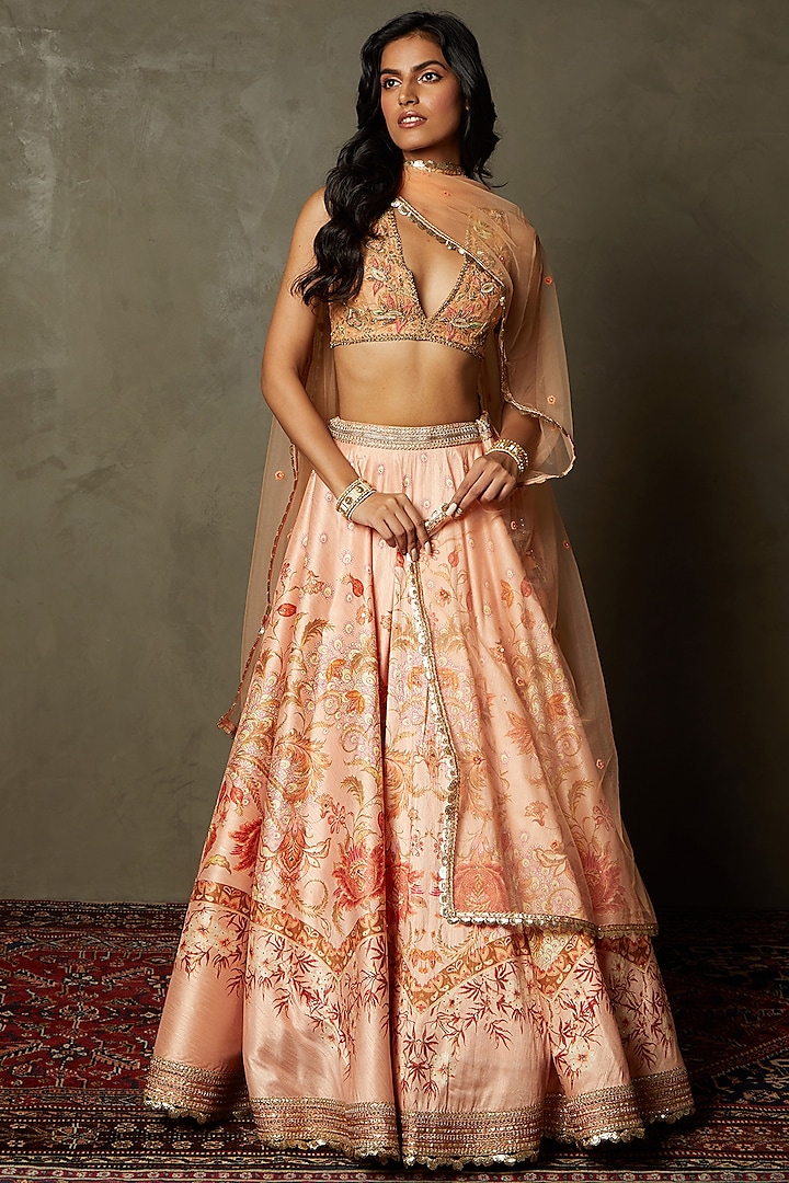 Peach Poly Dupion Embroidered Wedding Lehenga Set by Ri Ritu Kumar at Pernia's Pop Up Shop