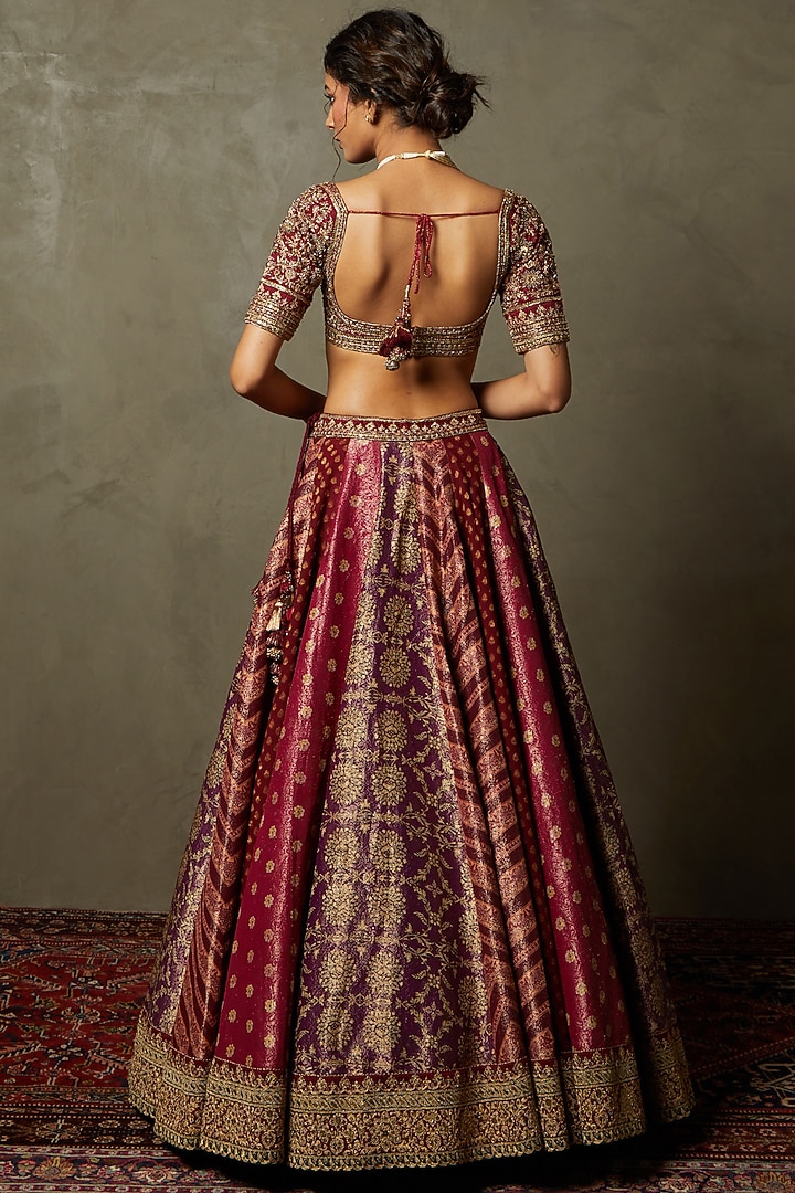 Burgundy Shikarga Brocade Embroidered Bridal Lehenga Set by Ri Ritu Kumar at Pernia's Pop Up Shop
