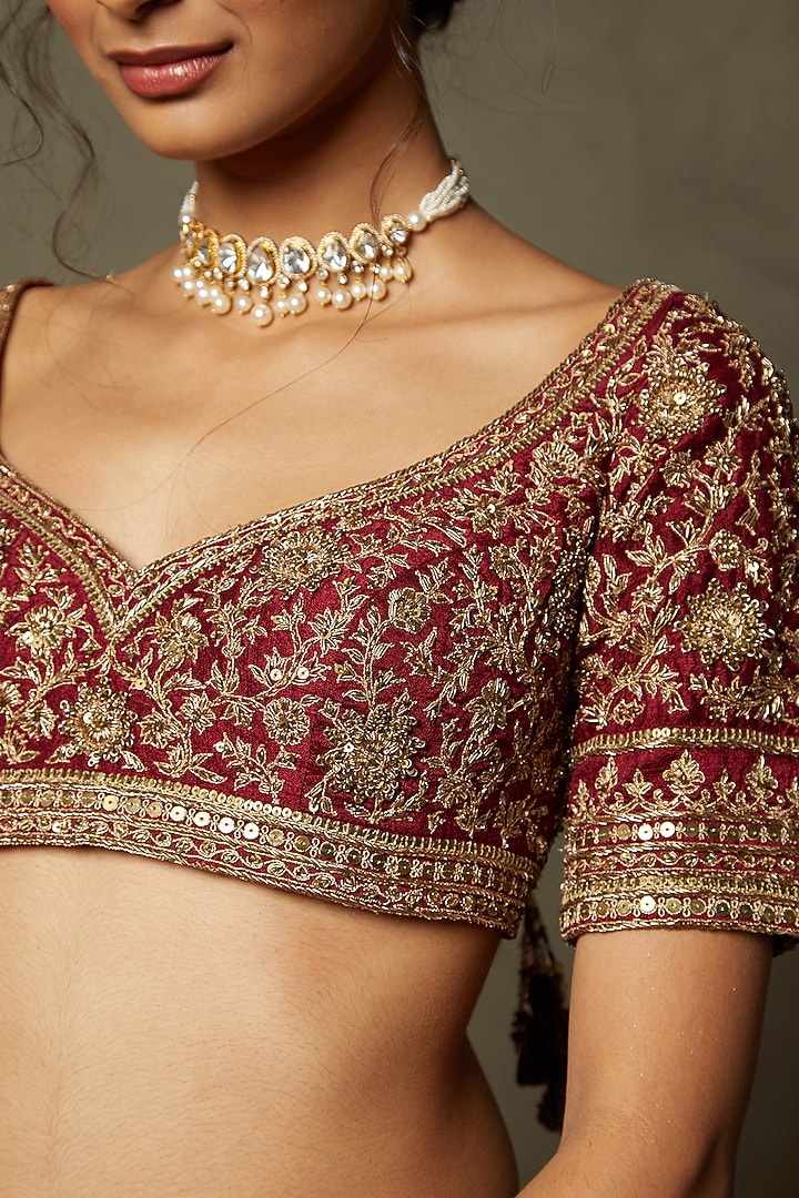 Burgundy Shikarga Brocade Embroidered Bridal Lehenga Set by Ri Ritu Kumar at Pernia's Pop Up Shop