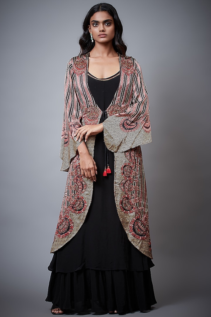 Old Rose & Black Viscose Satin Modal Embroidered Jacket Cocktail Dress by Ri Ritu Kumar at Pernia's Pop Up Shop