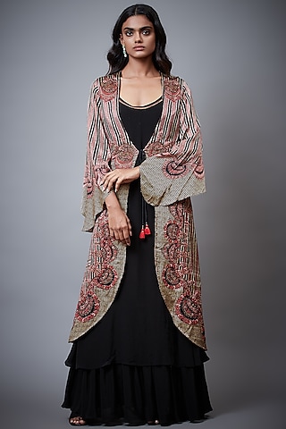Black Rayon Crepe Maxi Dress With Jacket by Ri Ritu Kumar