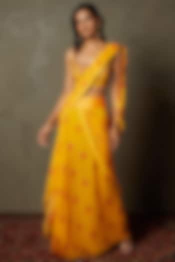Saffron Viscose Chiffon Embroidered Draped Saree Set by Ri Ritu Kumar