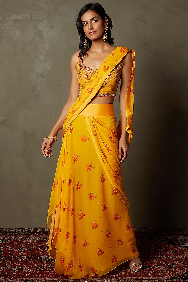 Saffron Viscose Chiffon Embroidered Draped Saree Set by Ri Ritu Kumar