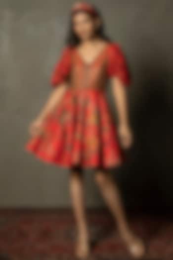 Red Flat Dupion Printed & Hand Embroidered Dress by Ri Ritu Kumar
