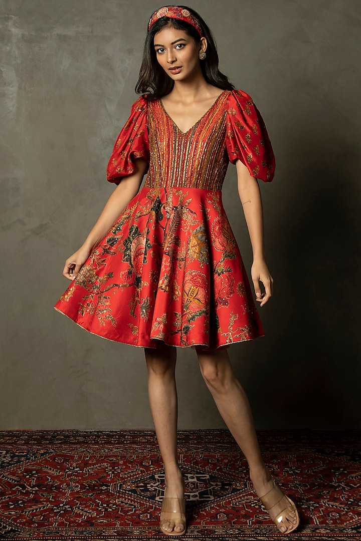Red Flat Dupion Printed & Hand Embroidered Dress by Ri Ritu Kumar