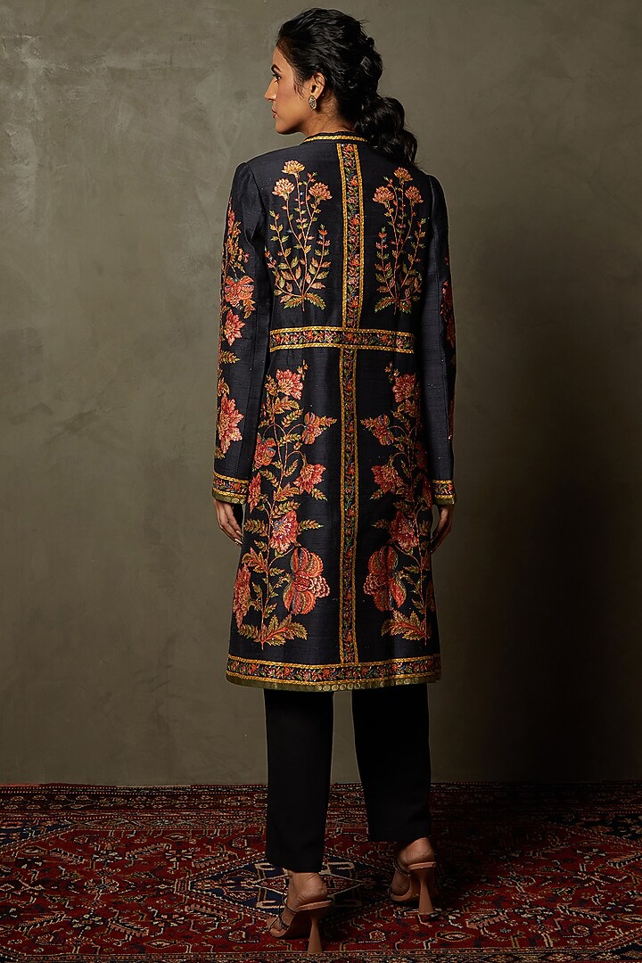Black Silk Dupion Print & Hand Embroidered Coat by Ri Ritu Kumar at Pernia's Pop Up Shop