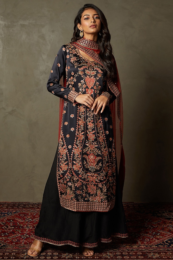 Black Silk Satin Printed & Embroidered Kurta Set by Ri Ritu Kumar