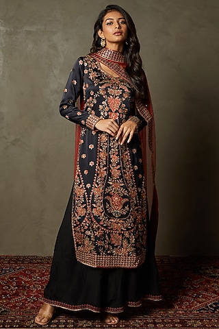 Black Silk Satin Printed & Embroidered Kurta Set by Ri Ritu Kumar