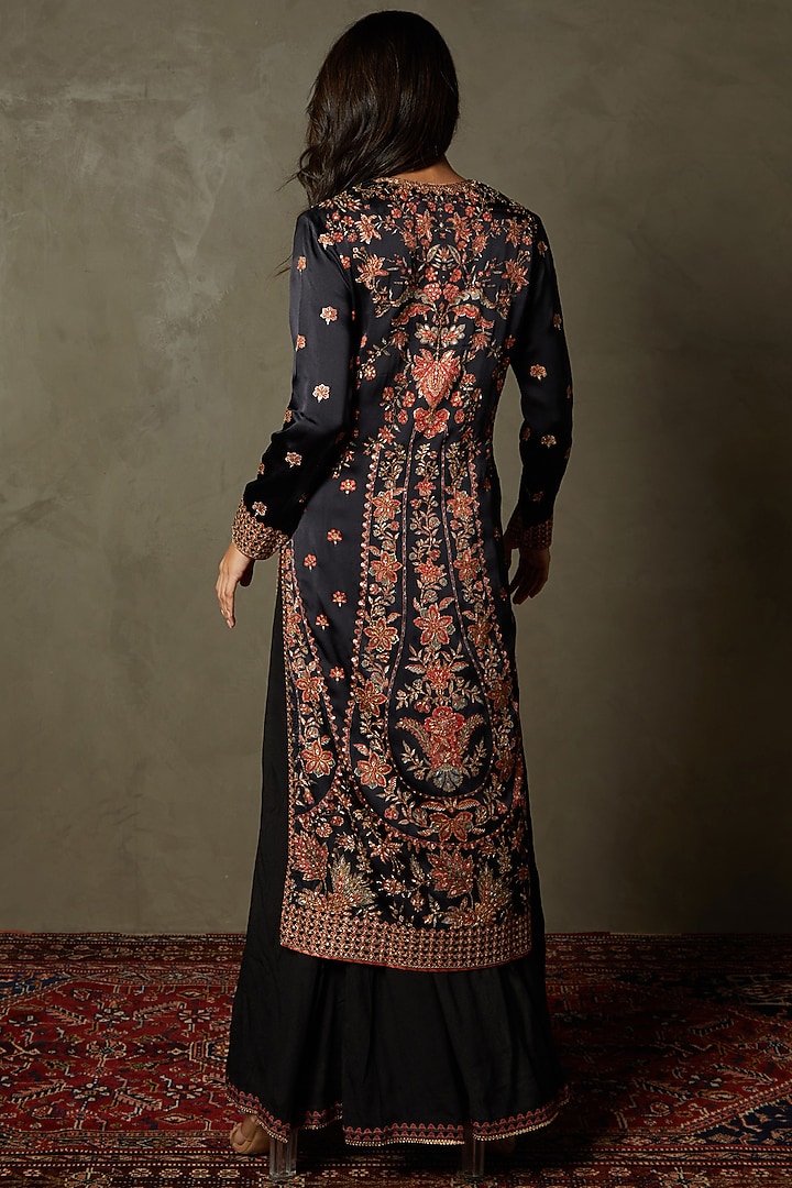 Black Silk Satin Printed & Embroidered Kurta Set by Ri Ritu Kumar at Pernia's Pop Up Shop