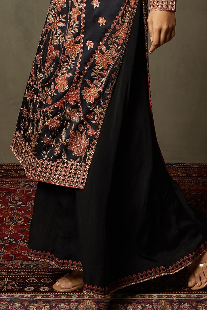 Black Silk Satin Printed & Embroidered Kurta Set by Ri Ritu Kumar at Pernia's Pop Up Shop