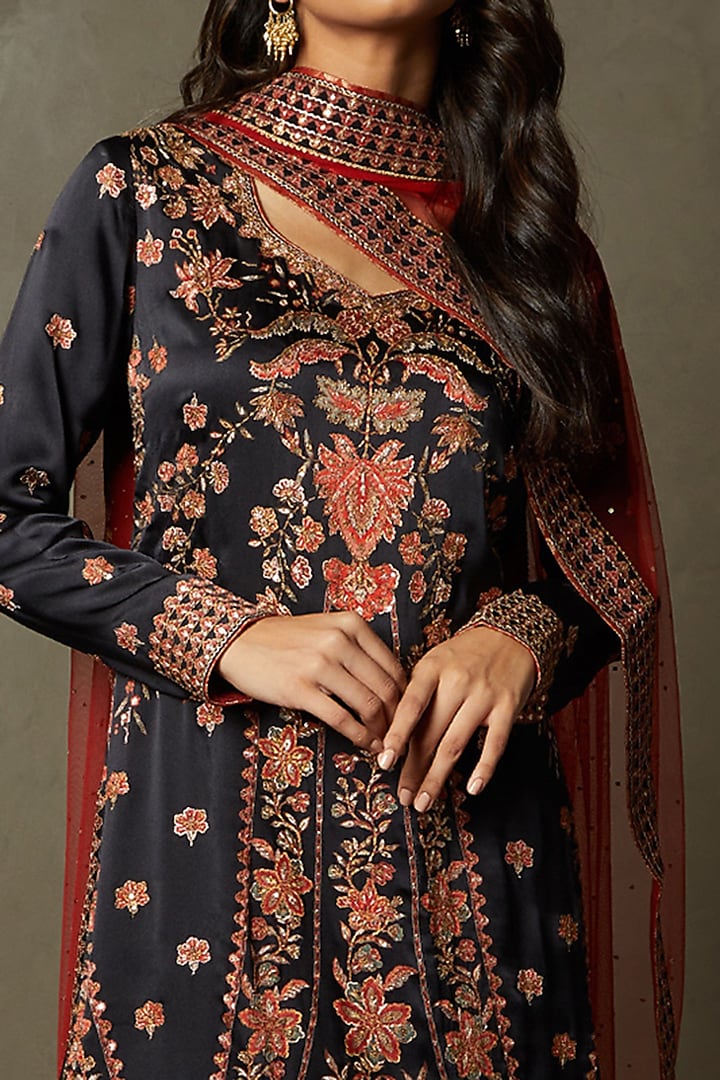 Black Silk Satin Printed & Embroidered Kurta Set by Ri Ritu Kumar at Pernia's Pop Up Shop