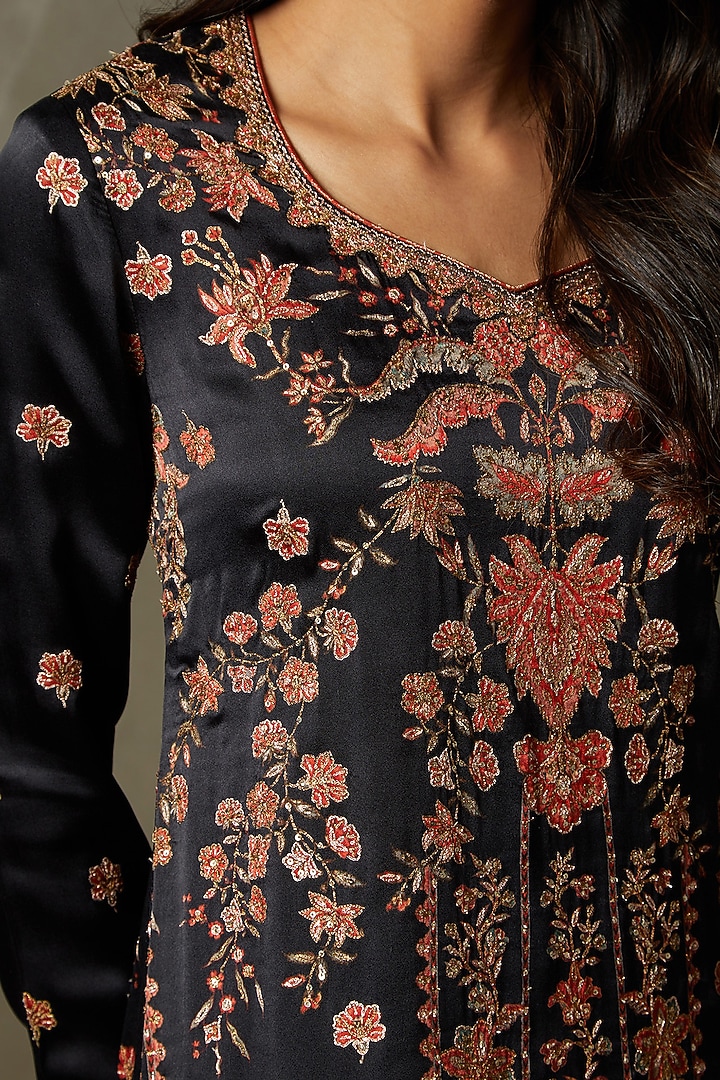 Black Silk Satin Printed & Embroidered Kurta Set by Ri Ritu Kumar at Pernia's Pop Up Shop