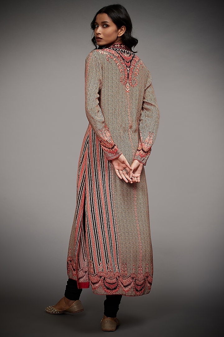 Old Rose & Black Rayon Crepe Printed & Embroidered Kurta Set by Ri Ritu Kumar at Pernia's Pop Up Shop