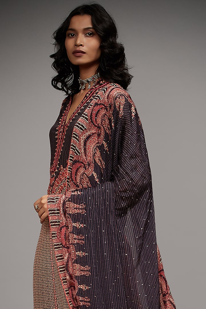 Old Rose & Black Rayon Crepe Printed & Embroidered Kurta Set by Ri Ritu Kumar at Pernia's Pop Up Shop