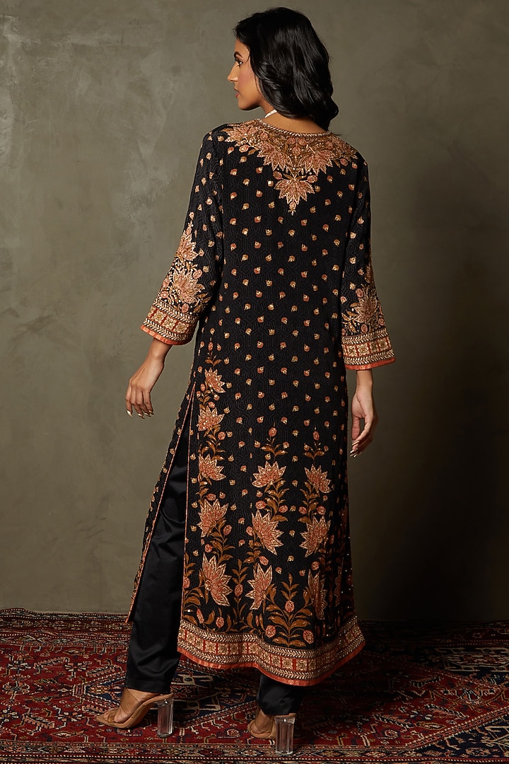Black Rayon Crepe Embroidered Kurta Set by Ri Ritu Kumar at Pernia's Pop Up Shop