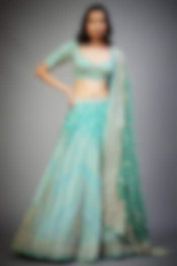 Sea Green & Jade Silk Satin Hand Embroidered Bridal Lehenga Set by Ri Ritu Kumar at Pernia's Pop Up Shop