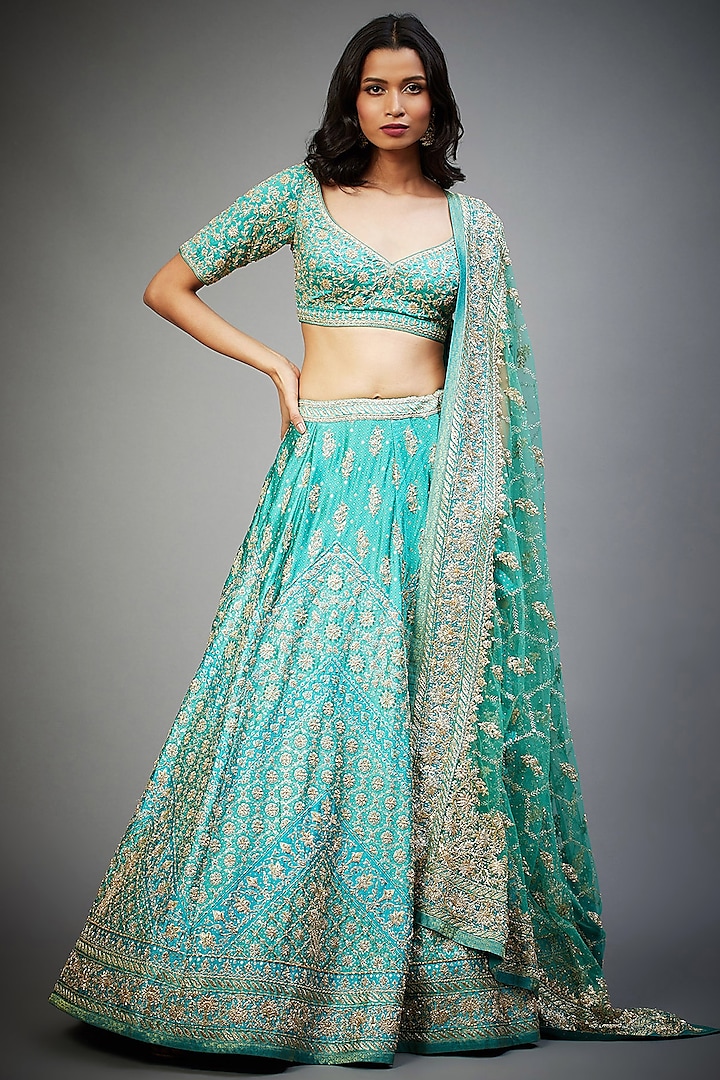 Sea Green & Jade Silk Satin Hand Embroidered Bridal Lehenga Set by Ri Ritu Kumar at Pernia's Pop Up Shop