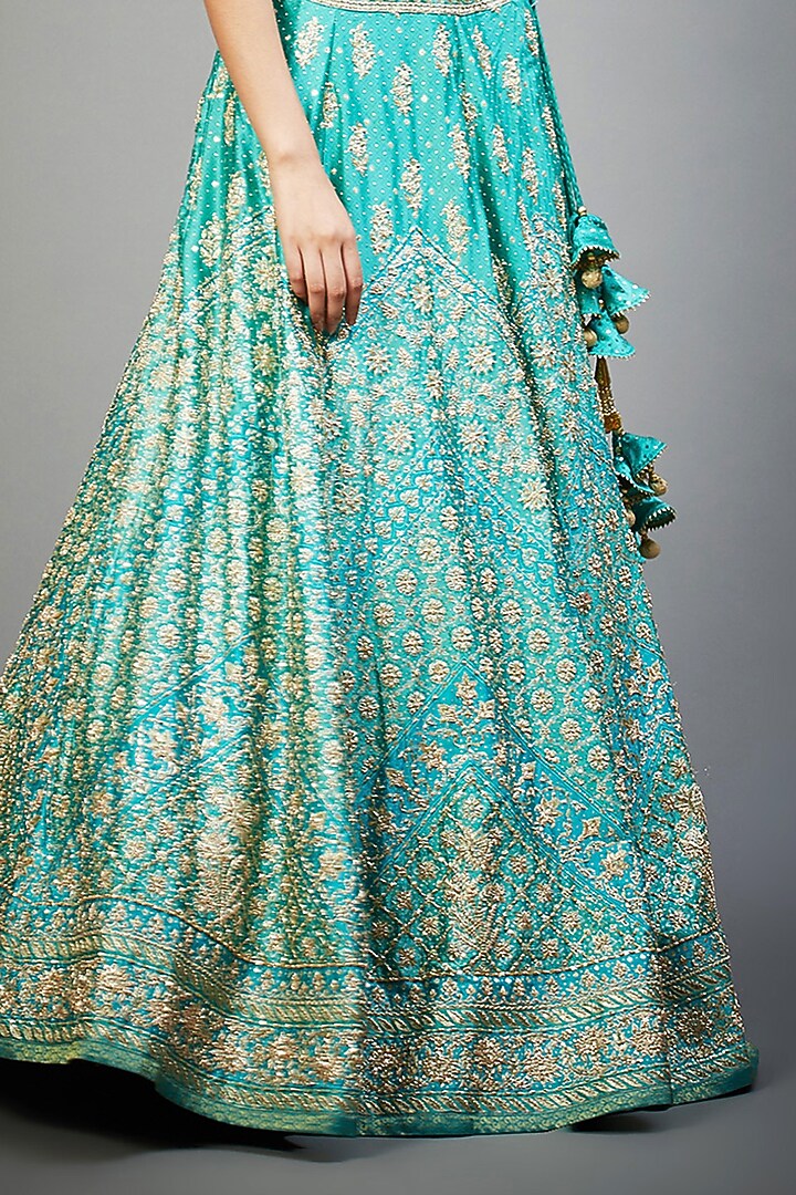 Sea Green & Jade Silk Satin Hand Embroidered Bridal Lehenga Set by Ri Ritu Kumar at Pernia's Pop Up Shop