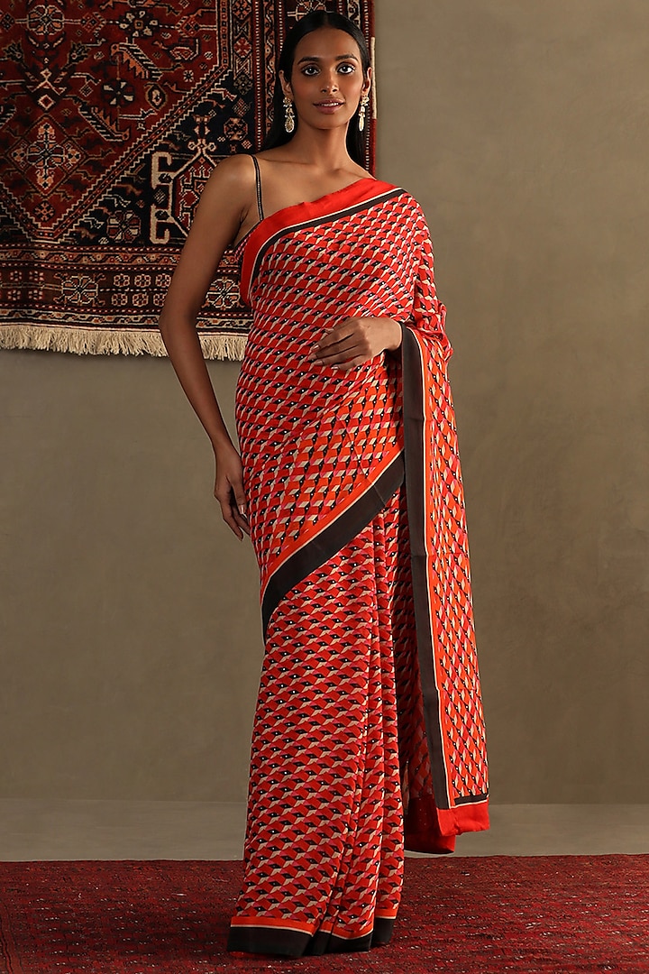 Red Viscose Chinon Geometric Printed Saree Set by Ri Ritu Kumar