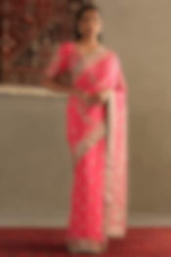 Pink Silk Chinon Aaari Embroidered & Floral Printed Saree Set by Ri Ritu Kumar