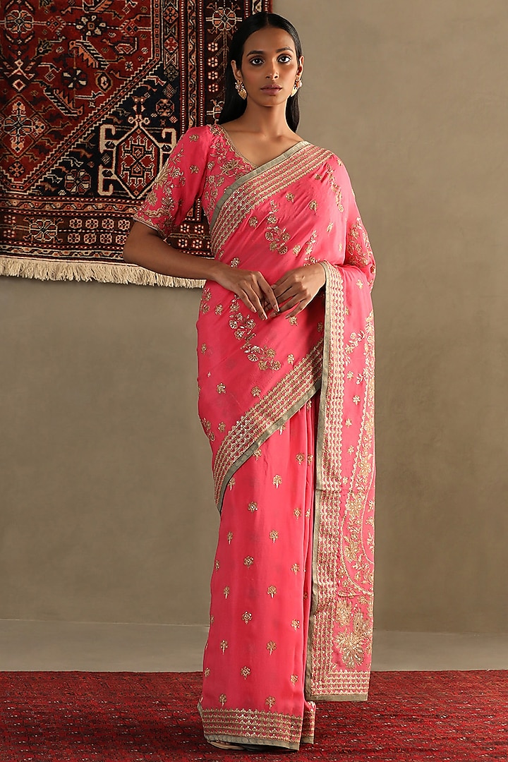 Pink Silk Chinon Aaari Embroidered & Floral Printed Saree Set by Ri Ritu Kumar