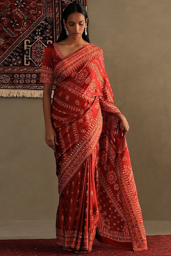 Lava Red Silk Satin Geometric Printed & Kashida Embroidered Saree Set by Ri Ritu Kumar