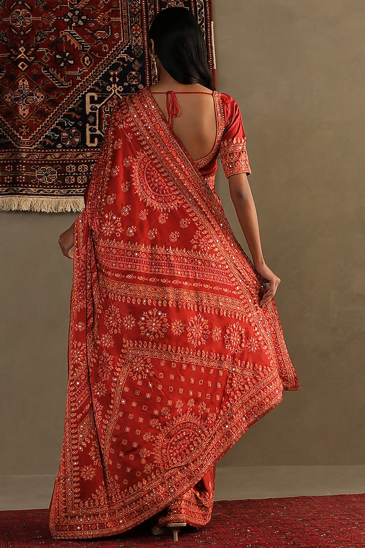 Lava Red Silk Satin Geometric Printed & Kashida Embroidered Reception Saree Set by Ri Ritu Kumar at Pernia's Pop Up Shop