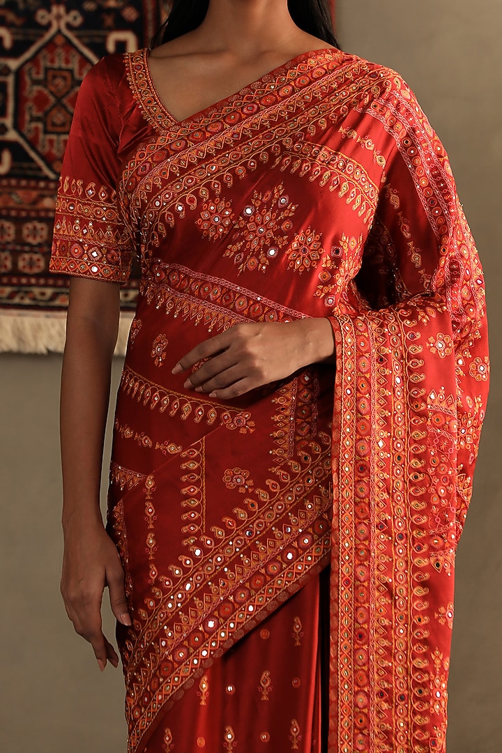 Lava Red Silk Satin Geometric Printed & Kashida Embroidered Reception Saree Set by Ri Ritu Kumar at Pernia's Pop Up Shop