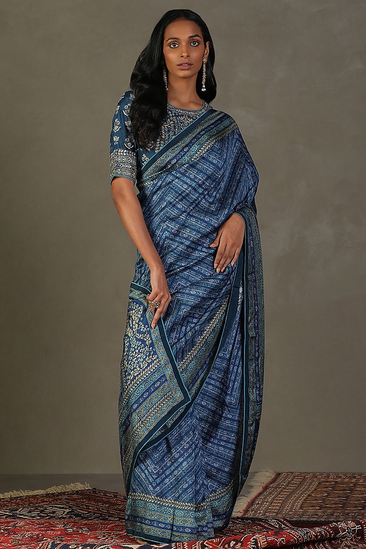 Indigo Blue Murshidabad Silk Floral Printed & Kantha Embroidered Saree Set by Ri Ritu Kumar
