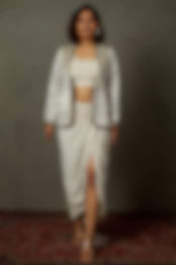 Grey & Off-White Mashru Textured Draped Skirt Set by Ri Ritu Kumar
