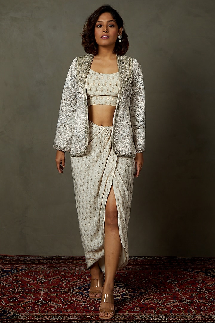 Grey & Off-White Mashru Textured Draped Skirt Set by Ri Ritu Kumar