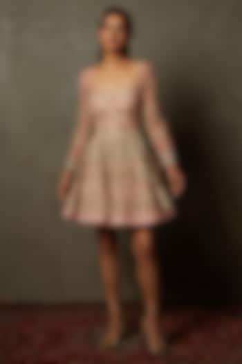 Blush Pink Polyester Net Gota Hand Embroidered Mini Party Wear Dress by Ri Ritu Kumar at Pernia's Pop Up Shop