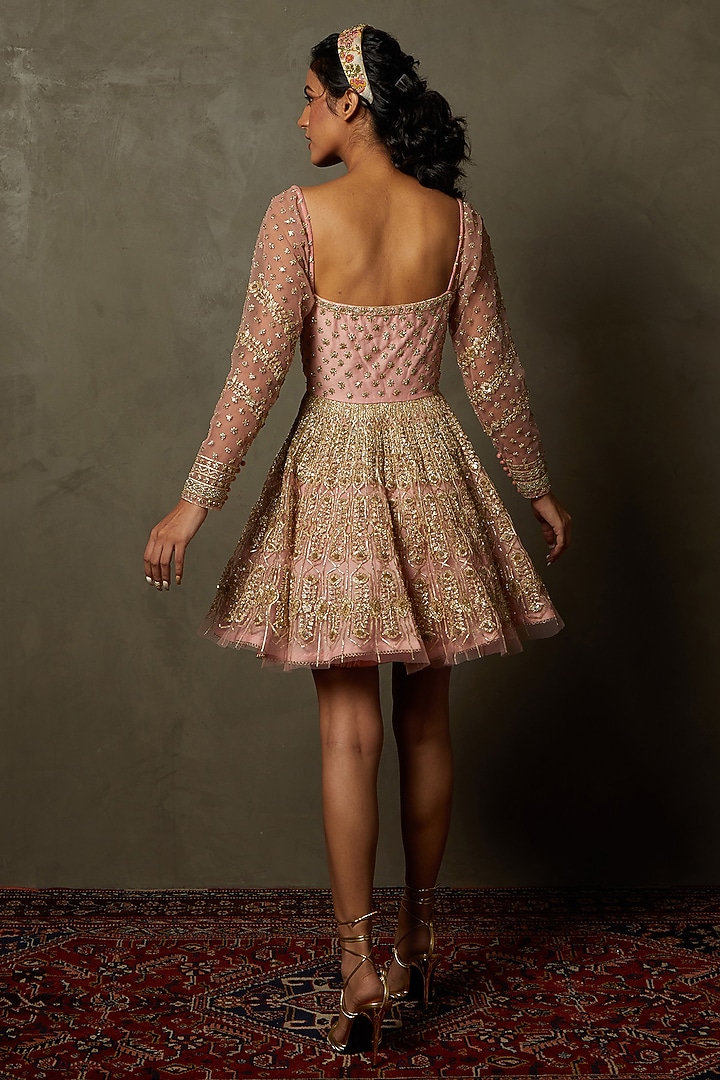 Blush Pink Polyester Net Gota Hand Embroidered Mini Party Wear Dress by Ri Ritu Kumar at Pernia's Pop Up Shop