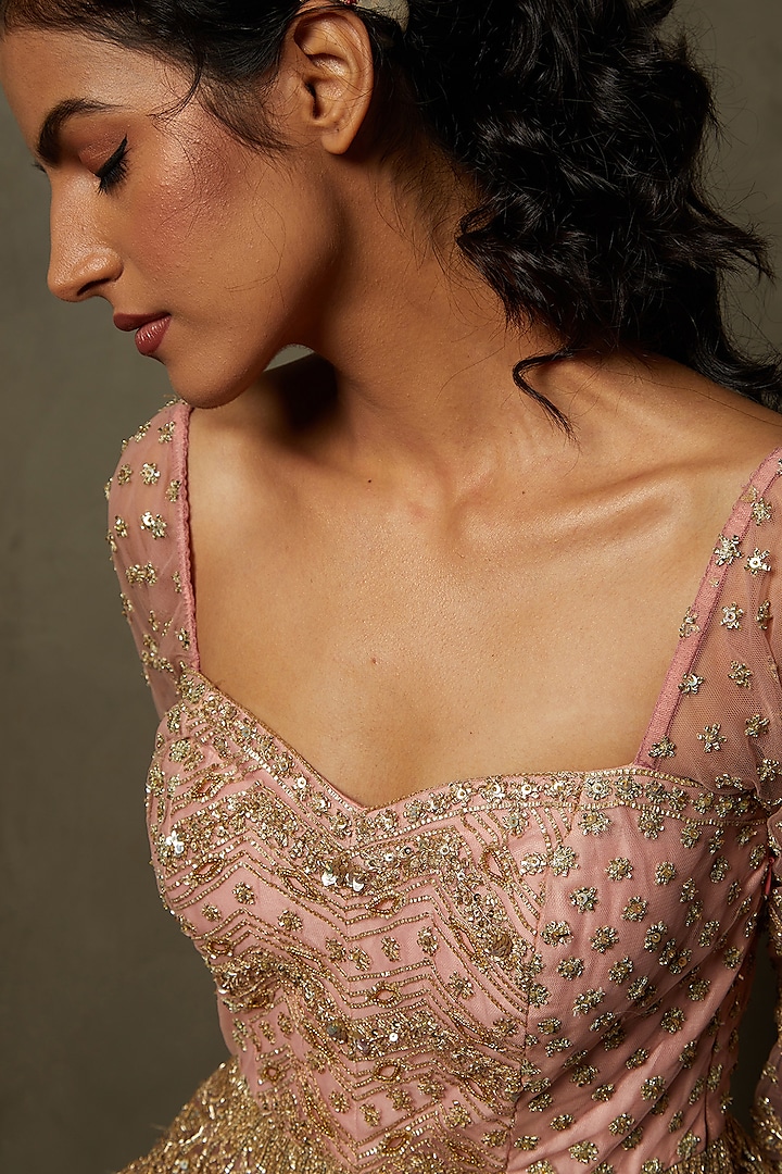 Blush Pink Polyester Net Gota Hand Embroidered Mini Party Wear Dress by Ri Ritu Kumar at Pernia's Pop Up Shop