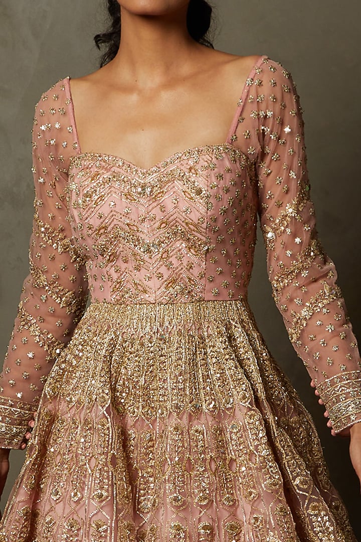 Blush Pink Polyester Net Gota Hand Embroidered Mini Party Wear Dress by Ri Ritu Kumar at Pernia's Pop Up Shop
