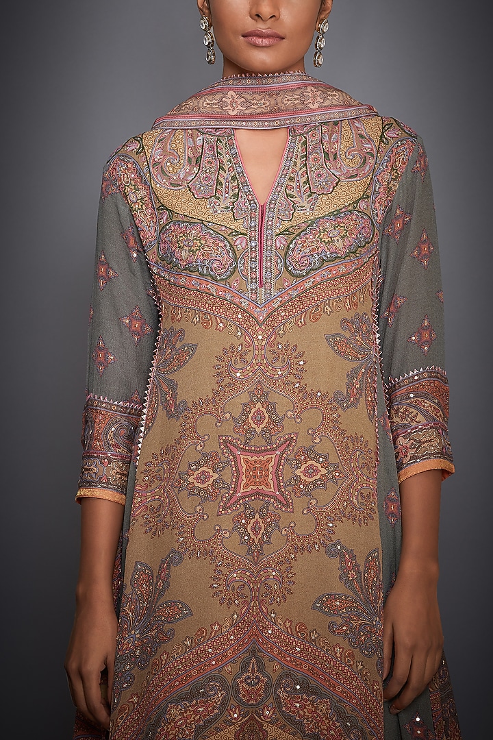 Peach Printed Embroidered Kurta Set by Ri Ritu Kumar at Pernia's Pop Up Shop