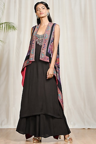 Black Embroidered & Printed Cape Set by Ri Ritu Kumar