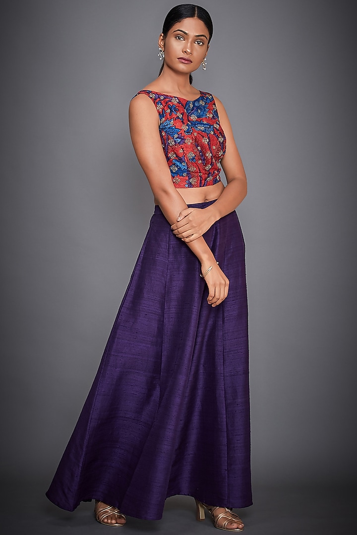 Coral Embroidered Crop Top With Purple Pants by Ri Ritu Kumar