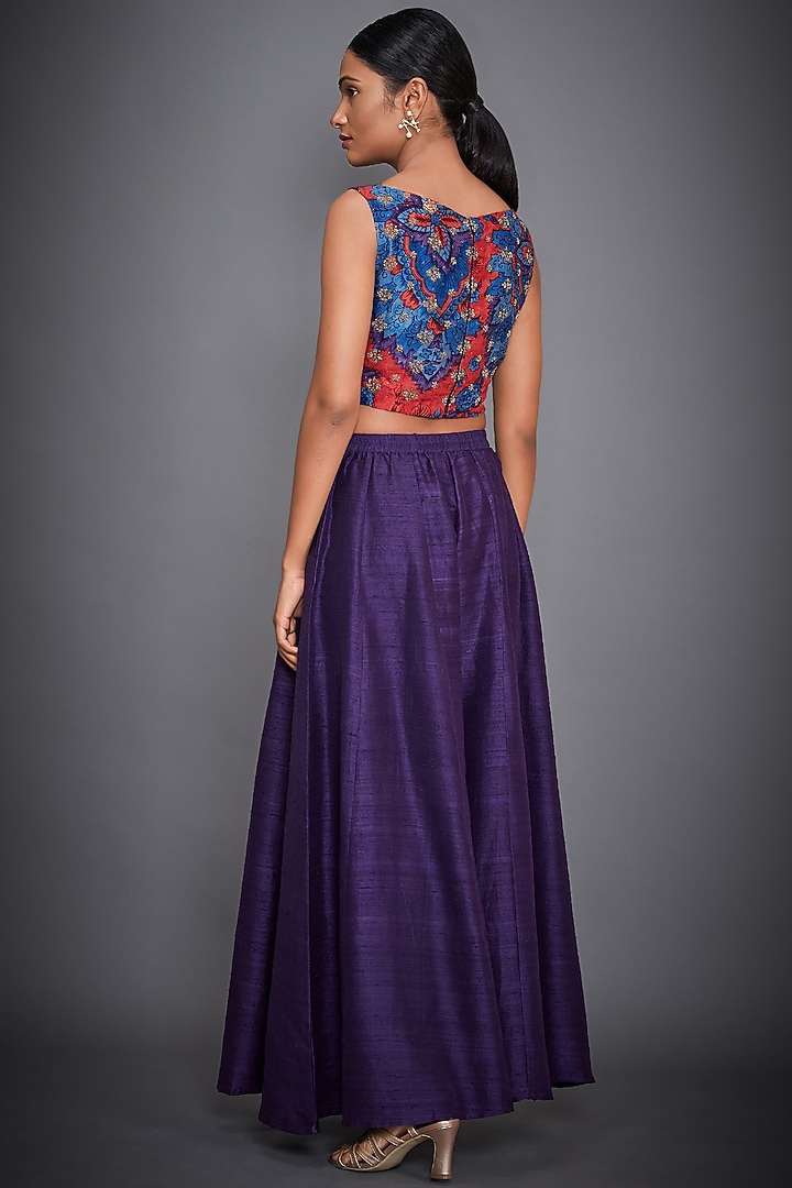 Coral Embroidered Crop Top With Purple Pants by Ri Ritu Kumar at Pernia's Pop Up Shop