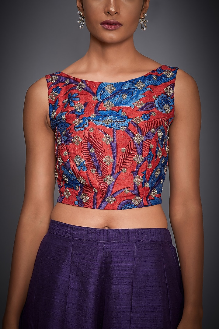 Coral Embroidered Crop Top With Purple Pants by Ri Ritu Kumar at Pernia's Pop Up Shop