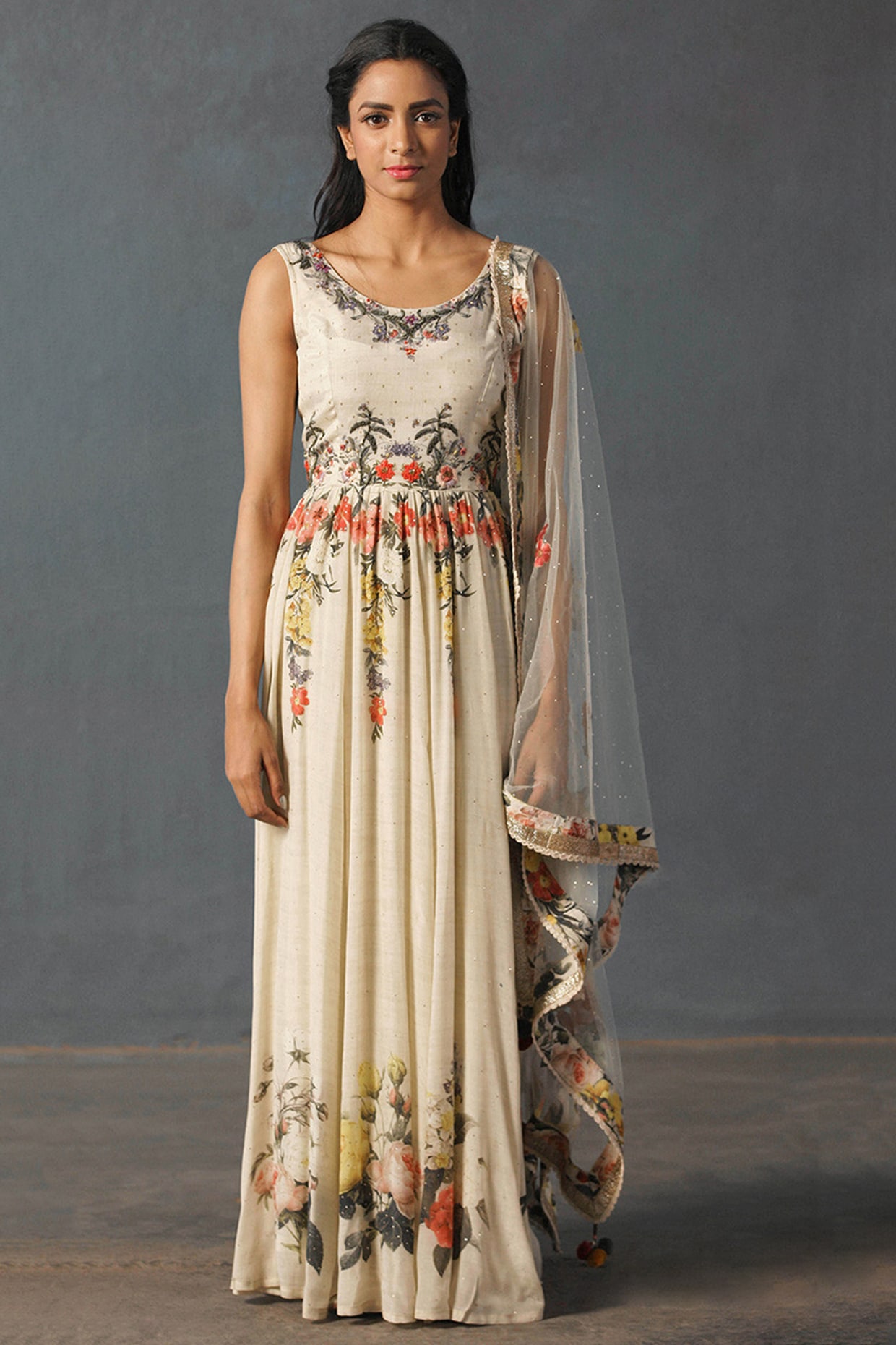 Off White Embroidered Dress With Stole 