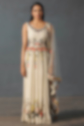 Off White Embroidered Dress With Stole by Ri Ritu Kumar