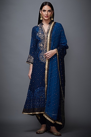 Indigo Blue Embroidered Kurta Set by Ri Ritu Kumar